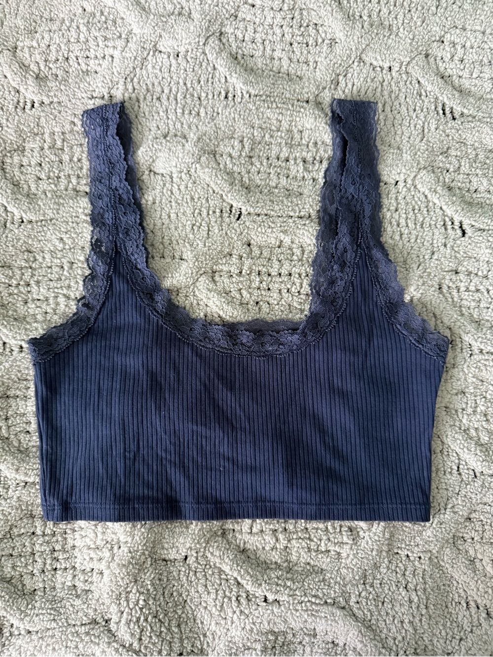 American Eagle Navy Ribbed Lace-Trim Crop Top